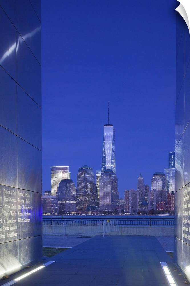 USA, New Jersey, Jersey City, Liberty State Park, view through 9/11 memorial, Empty Sky, dusk