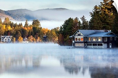 New York, Adirondack Mountains, Lake Placid, Mirror Lake fog at dawn