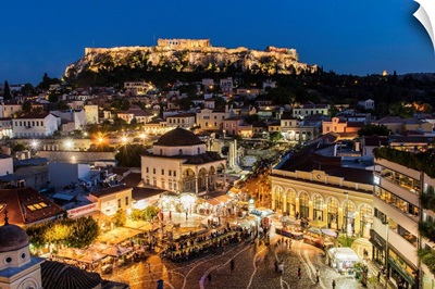 Night city skyline with Monastiraki square and Acropolis in the background, Athens