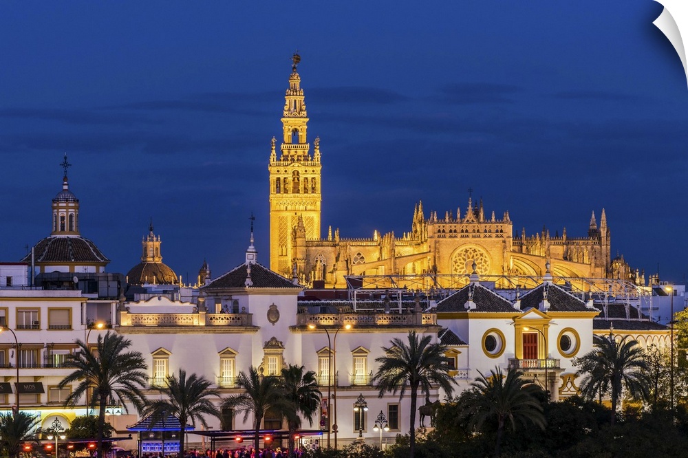 Night view of city skyline with Cathedral and Giralda bell tower, Seville, Andalusia, Spain.