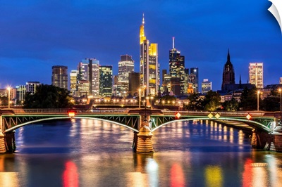 Night view of the financial district skyline, Frankfurt, Hesse, Germany
