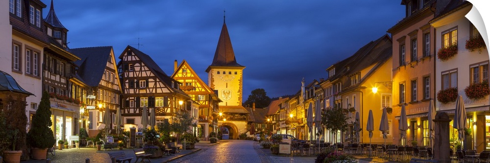 Oberturm Tower in Gengenbach's picturesque Altstad (Old Town) illuminated at dusk, Gengenbach, Kinzigtal Valley, Black For...