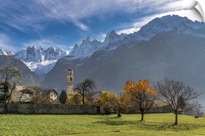Old Church And Snowcapped Sciore Mountains, Switzerland