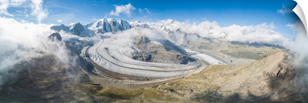 Panoramic Aerial View Of The Diavolezza And Pers Glaciers, St. Moritz, Canton Of Graubunden, Engadine, Switzerland