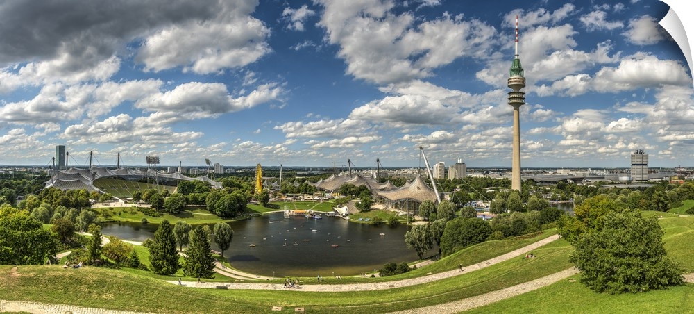Panoramic view over the Olympic stadium and the Olympic tower or  Olympiaturm, Olympiapark, Munich, Bavaria, Germany