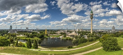Panoramic view over the Olympic stadium and the Olympic tower, Munich, Bavaria, Germany