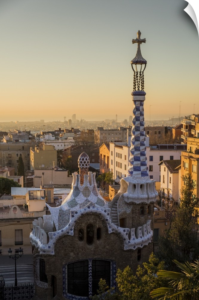 Park Guell with city skyline behind at sunrise, Barcelona, Catalonia, Spain.