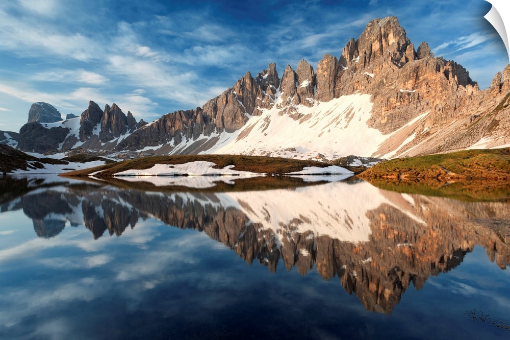 Paterno mount (Paternkofel) and Crode of Piani reflected in the Piani Lake (Bodenseen), Dolomites, Veneto, Italy.