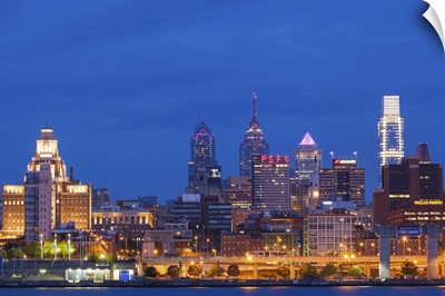 Pennsylvania, Philadelphia, city skyline from Camden New Jersey, dawn