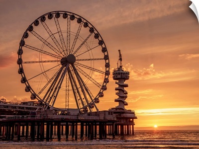 Pier And Ferris Wheel In Scheveningen, Sunset, The Hague, South Holland, The Netherlands