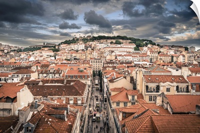 Portugal, Lisbon, Baixa District with Sao Jorge Castle and Alfama District beyond