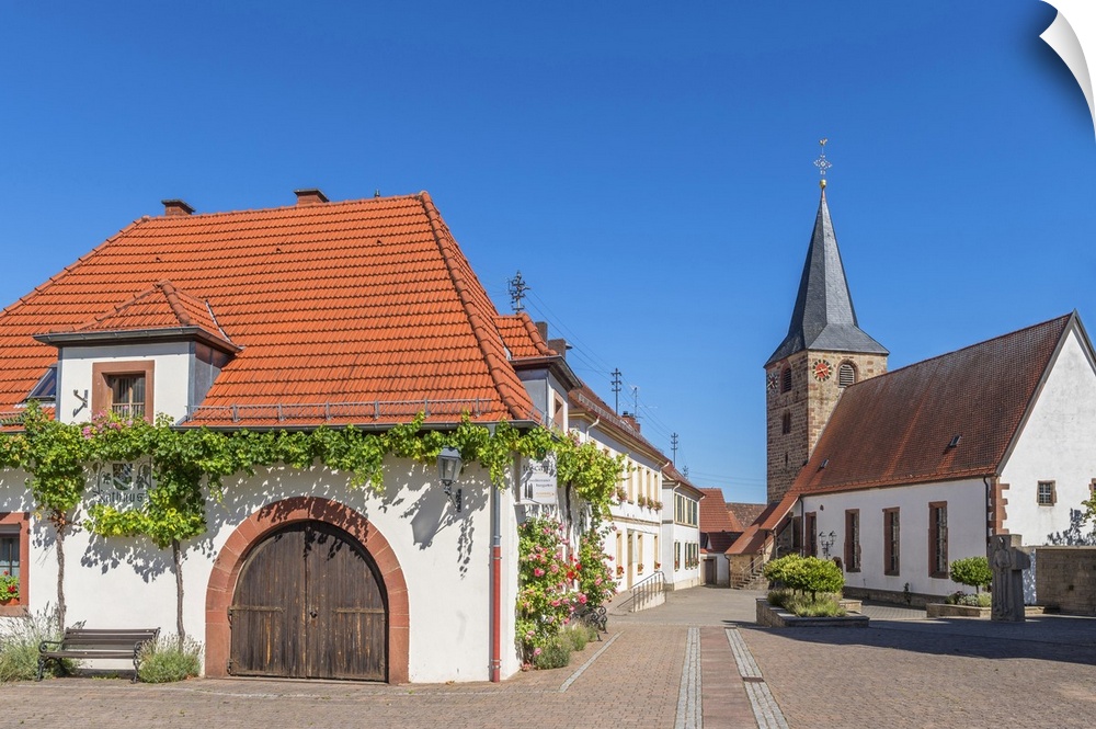 Restaurant and church at Oberrottenbach,Palatinate wine road, Rhineland-Palatinate, Germany