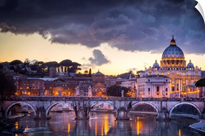 Rome, Lazio, Italy. Sunset on Tevere River, with Saint Peter Cathedral on the background