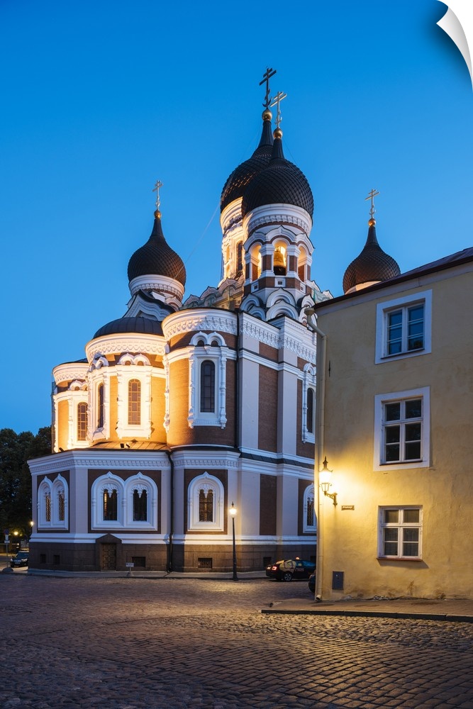 Exterior of Russian Orthodox Alexander Nevsky Cathedral at night, Toompea, Old Town, Tallinn, Estonia, Europe
