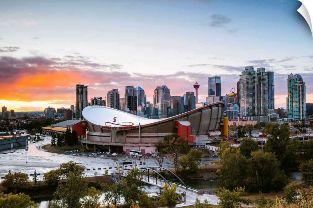 Saddledome Stadium And City Skyline At Sunset, Calgary, Alberta, Canada