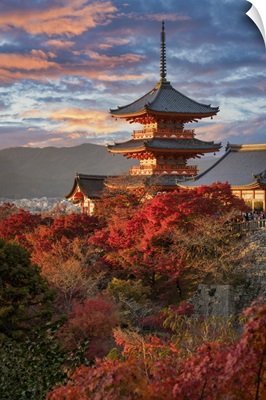 Sanjunoto Pagoda Of Kiyomizu-Dera Temple At Sunset In Autumn, Higashiyama, Kyoto, Japan