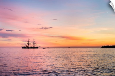 Silhouette Of Sailing Ship At Sunset Off The Coast Of Cassis, Bouches-Du-Rhone, France