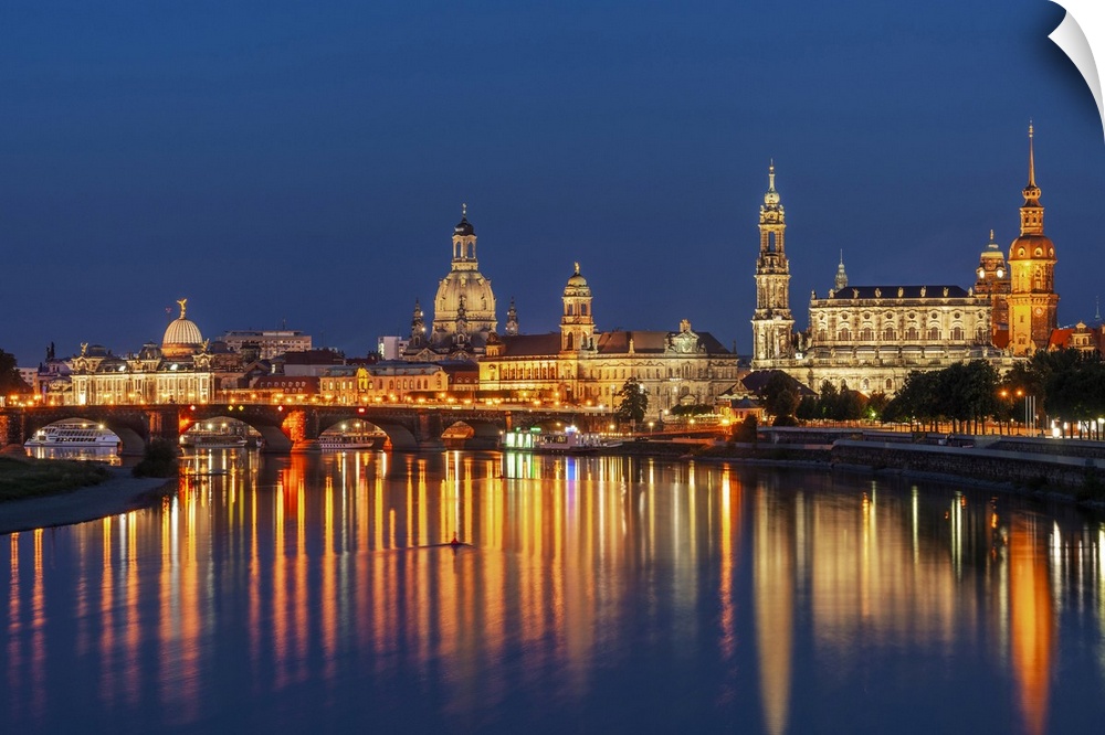 Skyline of Dresden at dusk with Bruehl's Terrace ,Academy of Fine Arts, Church of Our Lady, Court Church and  river Elbe, ...