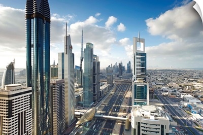 Skyscrapers along Sheikh Zayed Road looking towards the Burj Kalifa, Dubai