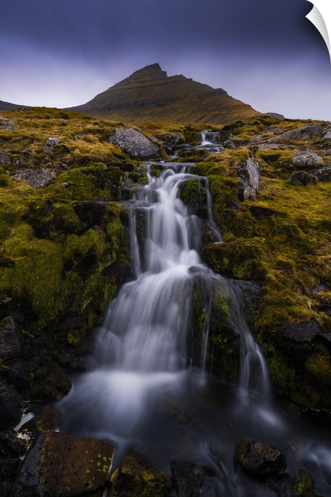 Slaettaratindur mountain and waterfall near Gjogv, Sunda municipality, Eysturoy, Faroe Islands, Denmark