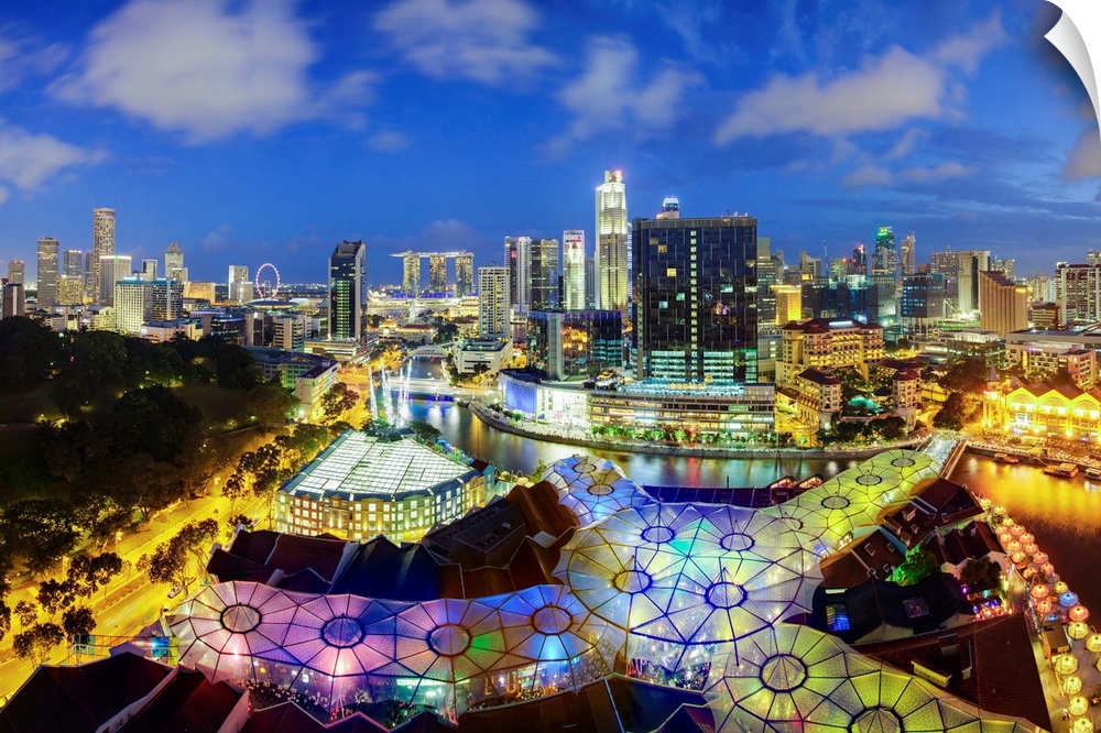 South East Asia, Singapore, Elevated view over the Entertainment district of Clarke Quay, the Singapore river and City Sky...