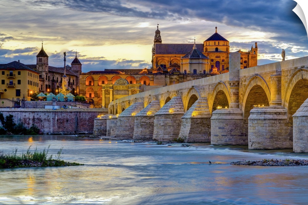 Spain, Andalucia, Cordoba Province, Cordoba, Roman Bridge (Puente Romano) over Guadalquivir River and Mezquita (Mosque...C...