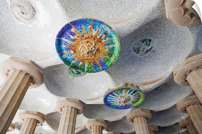 Spain, Barcelona, Guell Park, Ceiling Detail in the Hall of Columns