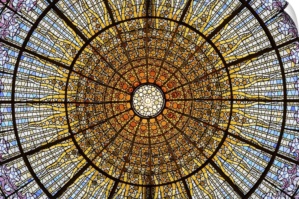 Spain, Catalonia, Barcelona, Palau de la Musica, Modernist glass ceiling.
