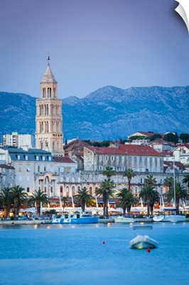 St. Domnius Cathedral Bell Tower and Stari Grad illuminated at dusk, Split, Croatia