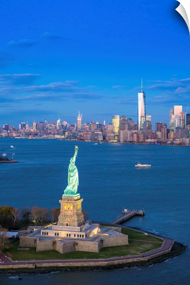 Statue of Liberty and Lower Manhattan, New York City, New York, USA.