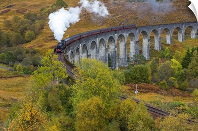 Steam train crossing Glenfinnan viaduct, Lochaber, Highlands, Scotland, UK