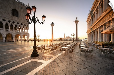 Sunrise In San Marco Square, With San Giorgio Church On The Background, Venice, Italy