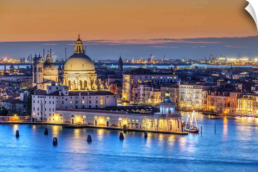 Sunset view over Basilica of Santa Maria della Salute and Grand Canal, Venice, Veneto, Italy. Veneto, Venice, Italy.