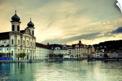 Switzerland, Lucern, Jesuit Church and River Reuss