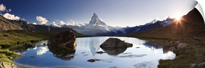 Switzerland, Valais, Zermatt, Lake Stelli and Matterhorn Peak