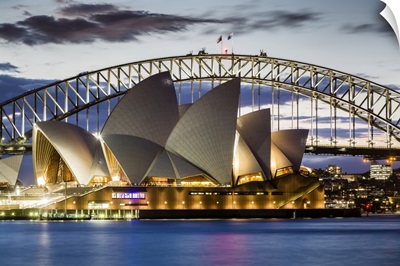 Sydney Opera House And Sydney Harbour Bridge At Dusk, Sydney, New South Wales, Australia