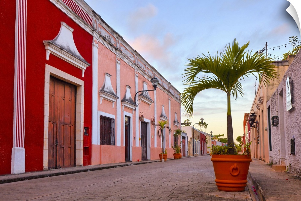 The Calzada de los Frailes street at sunrise, Valladolid, Yucatan, Mexico.
