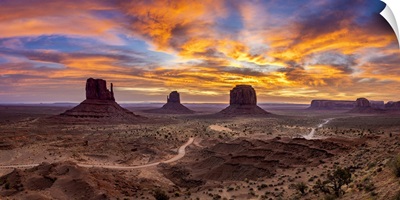 The Mittens Against Colourful Cloudy Sky At Sunrise, Monument Valley, Arizona