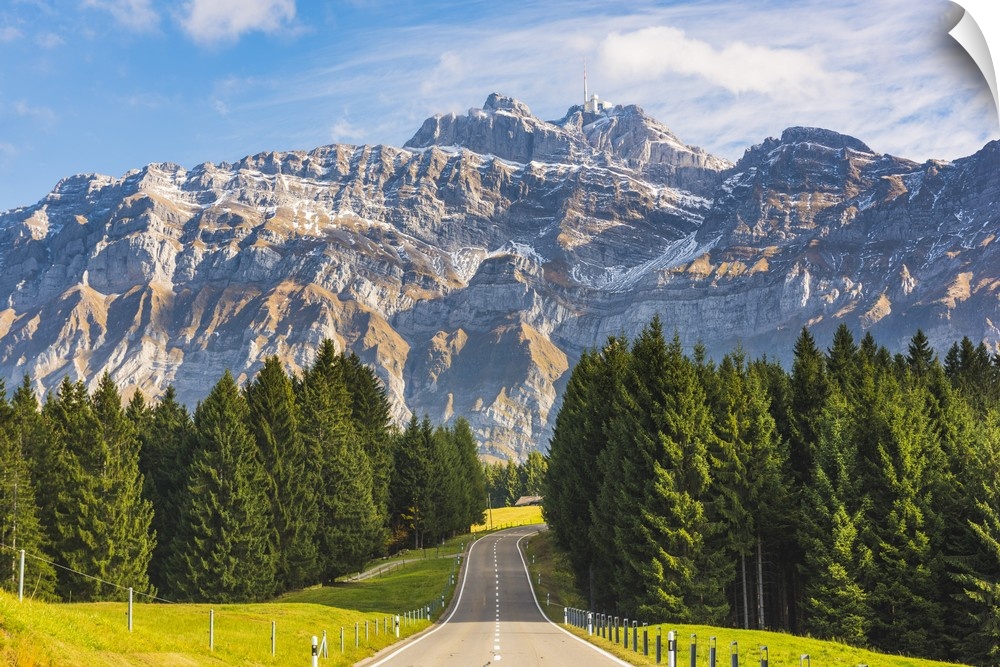 The road leading to Schwagalp pass with mount Santis in the background, Switzerland.