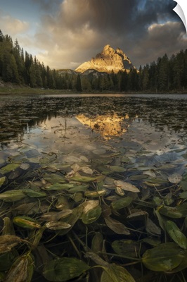 The Tre Cime Di Lavaredo Reflecting In The Antorno Lake, Autumn Sunset, Dolomites, Italy
