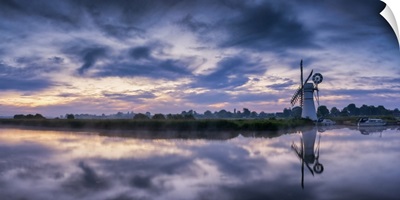 Thurne Mill & Clouds Reflecting In River Thurne, Norfolk Broads, Norfolk, England