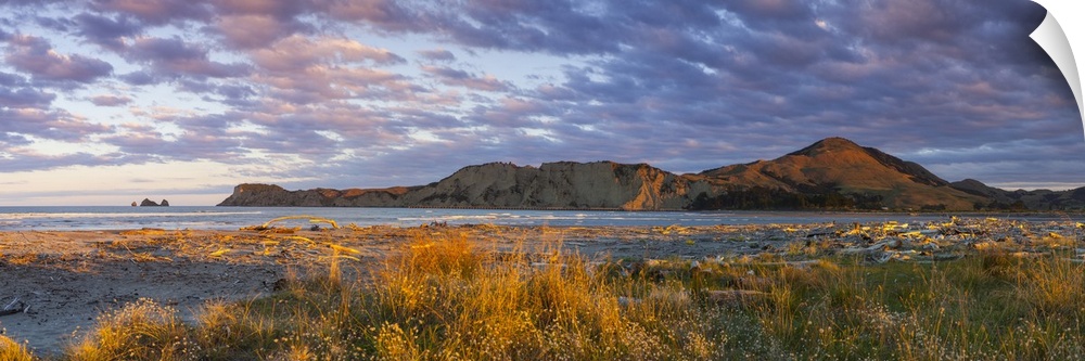 Dramatic coastal landscape illuminated at sunset, Tologa Bay, East Cape, North Island, New Zealand