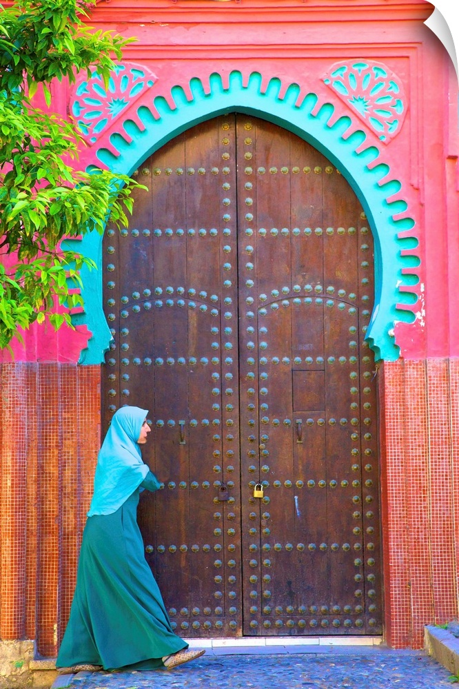 Person Walikng Infront Of Traditional Moroccan Decorative Door, Tangier, Morocco, North Africa.