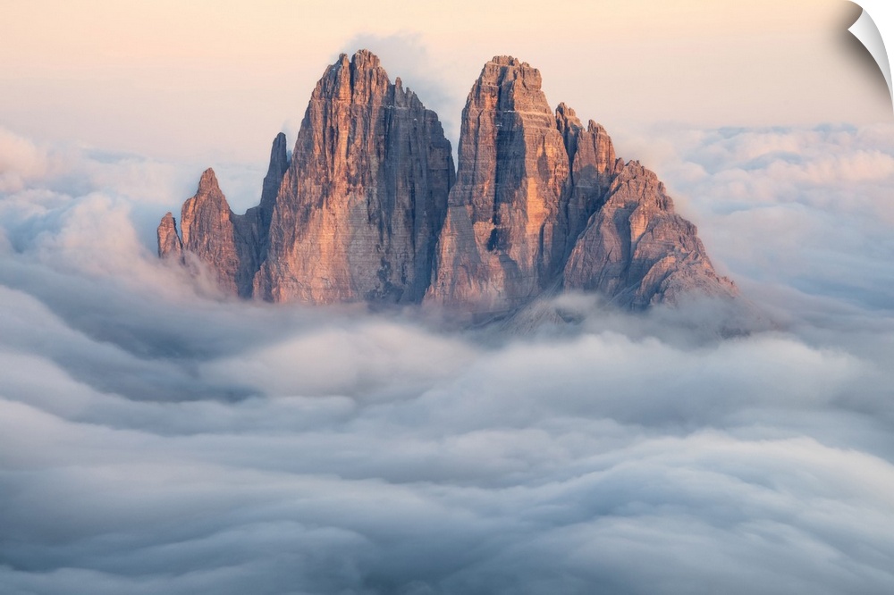 Tre Cime di Lavaredo emerging from the clouds, Sexten Dolomites, South Tyrol, Bolzano, Italy, Europe