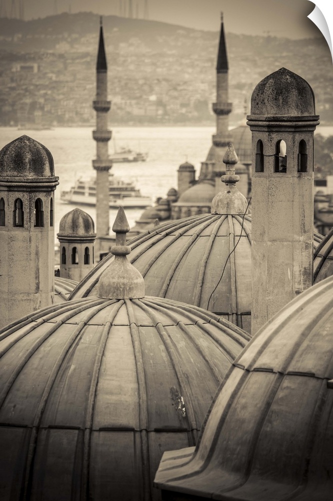 Turkey, Istanbul, Sultanahmet, domes of the Suleymaniye Mosque (Suleymaniye Camii) complex with New Mosque (Yeni Camii) be...
