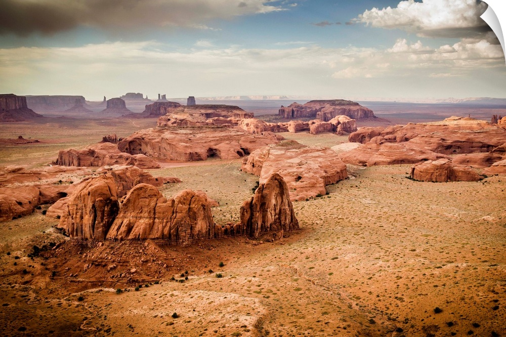 Utah, Ariziona border, panorama of the Monument Valley from a remote point of view, known as The Hunt's Mesa.