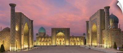 Uzbekistan, Samarkand, Registan Square Illuminated At Sunset