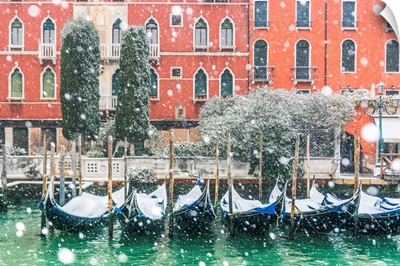 Venice, Italy, Snowfall Over Moored Gondolas Along The Grand Canal (Canal Grande)