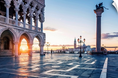 Venice, Italy, Sunrise Through The Arches Of Doge's Palace In Piazzetta San Marco