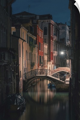 Venice, Veneto, Italy, Backstreet Canals In Castello At Night